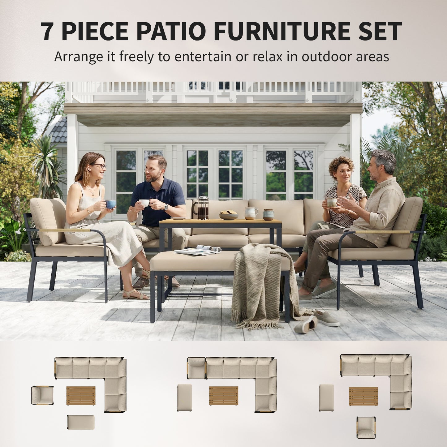 7 Seater Garden Furniture Set, Metal Garden Sofa Set with Cushions, Outdoor Furniture Conversation Sets, Khaki