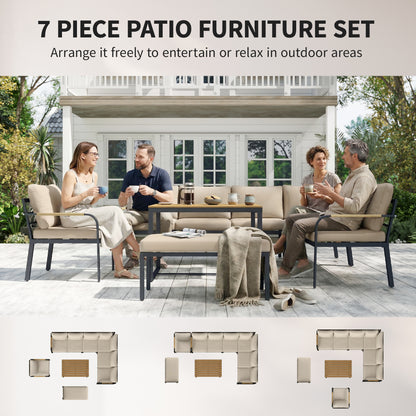 7 Seater Garden Furniture Set, Metal Garden Sofa Set with Cushions, Outdoor Furniture Conversation Sets, Khaki