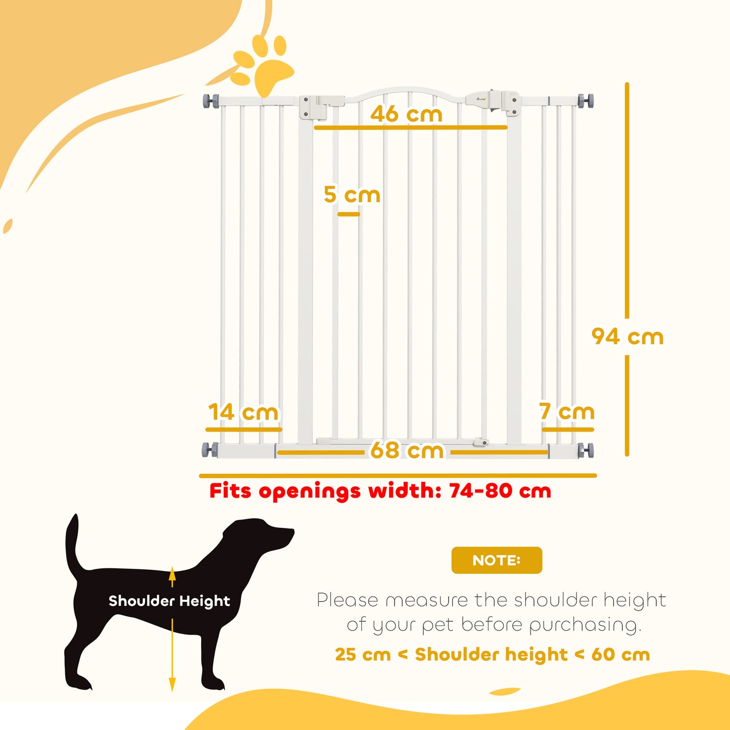 Pressure Fit Dog Stair Gate No Drilling Safety Gate Auto Close for Doorways, Hallways, 74-100cm Adjustable, 94cm Tall, White
