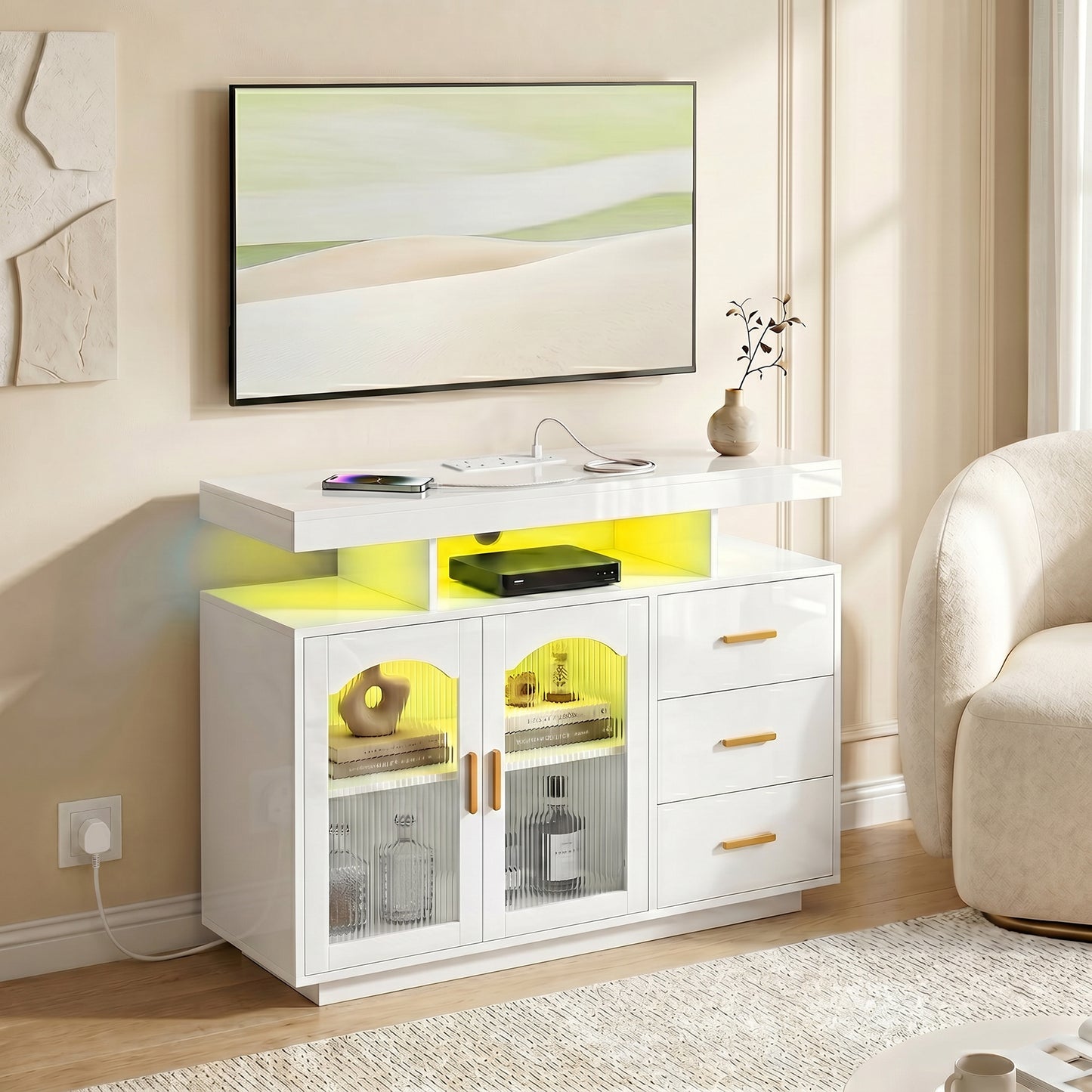 High Gloss Sideboard with LED Lights, Built-in Power Outlets, 3 Drawers, Shelves and 2 Acrylic Doors, White