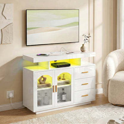 High Gloss Sideboard with LED Lights, Built-in Power Outlets, 3 Drawers, Shelves and 2 Acrylic Doors, White