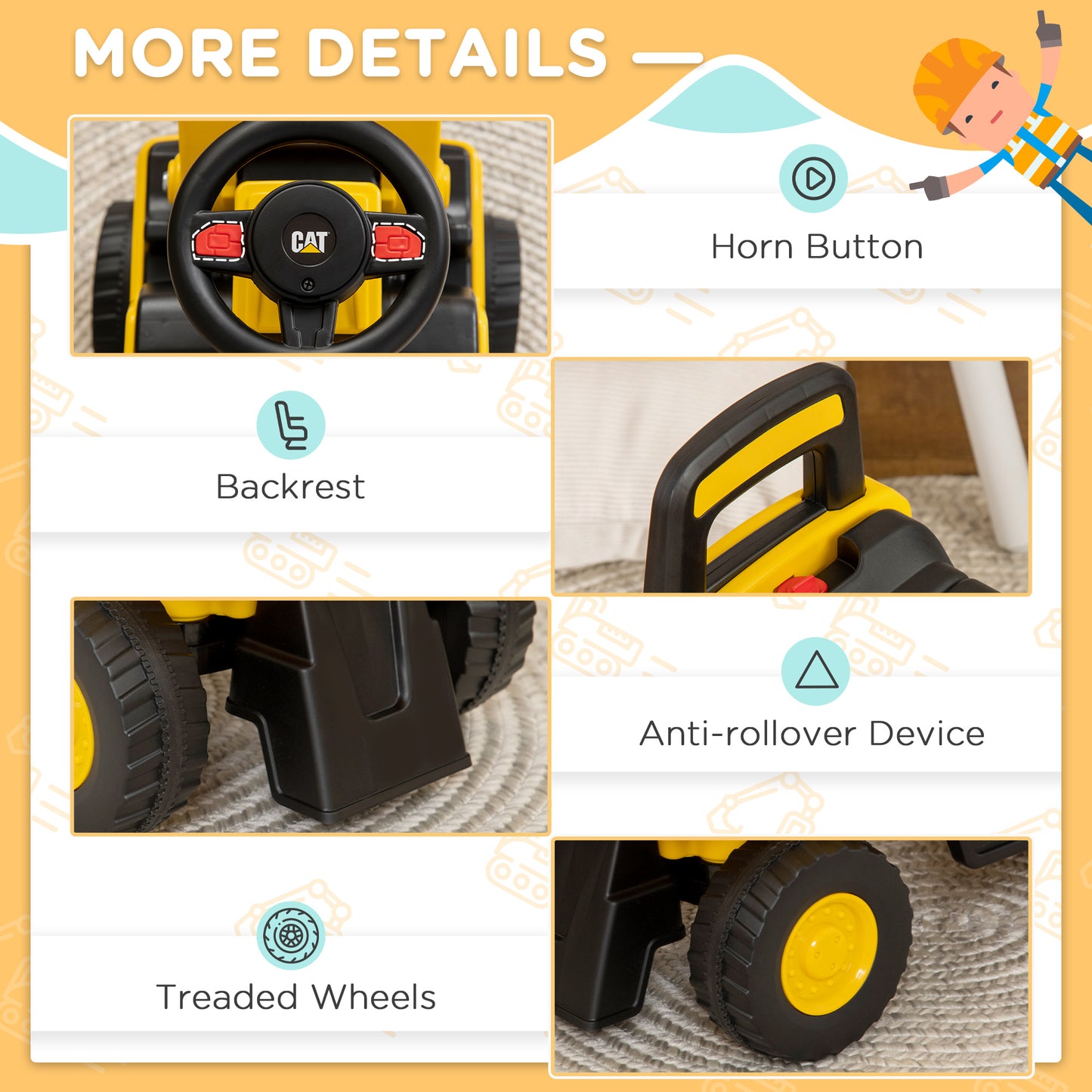 Ride on Tractor, CAT Licensed Kids Ride On Digger Excavator, Construction Toy Car with Adjustable Bucket, Horn