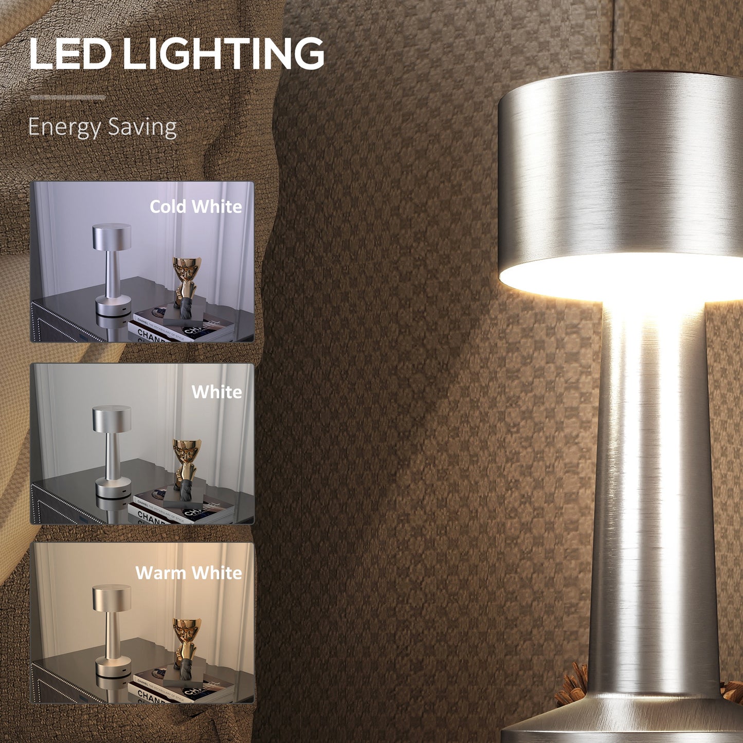 Cordless Table Lamp, Touch LED Desk Lamp with Rechargeable Battery, 3 Colour, for Bedroom Living Room, Silver