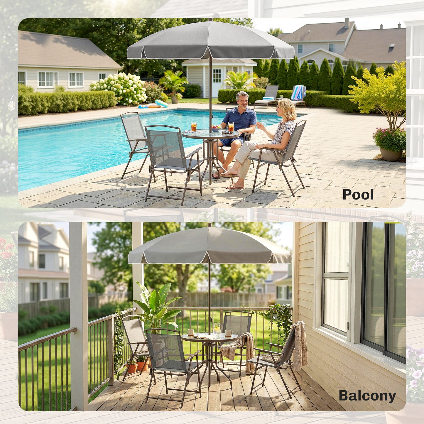 6 Piece Garden Dining Set with Umbrella, Patio Sets with Parasol, 4 Folding Dining Chairs, Dark Grey