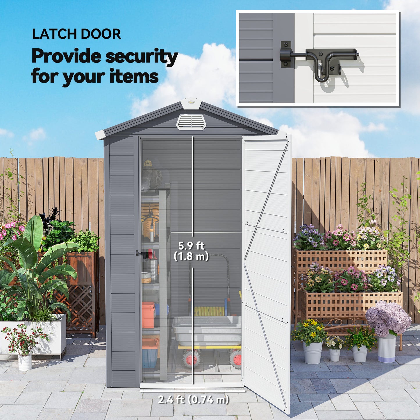 4.4ft x 6.2ft Aluminium Frame and Plastic Wall Shed, with Foundation - Grey