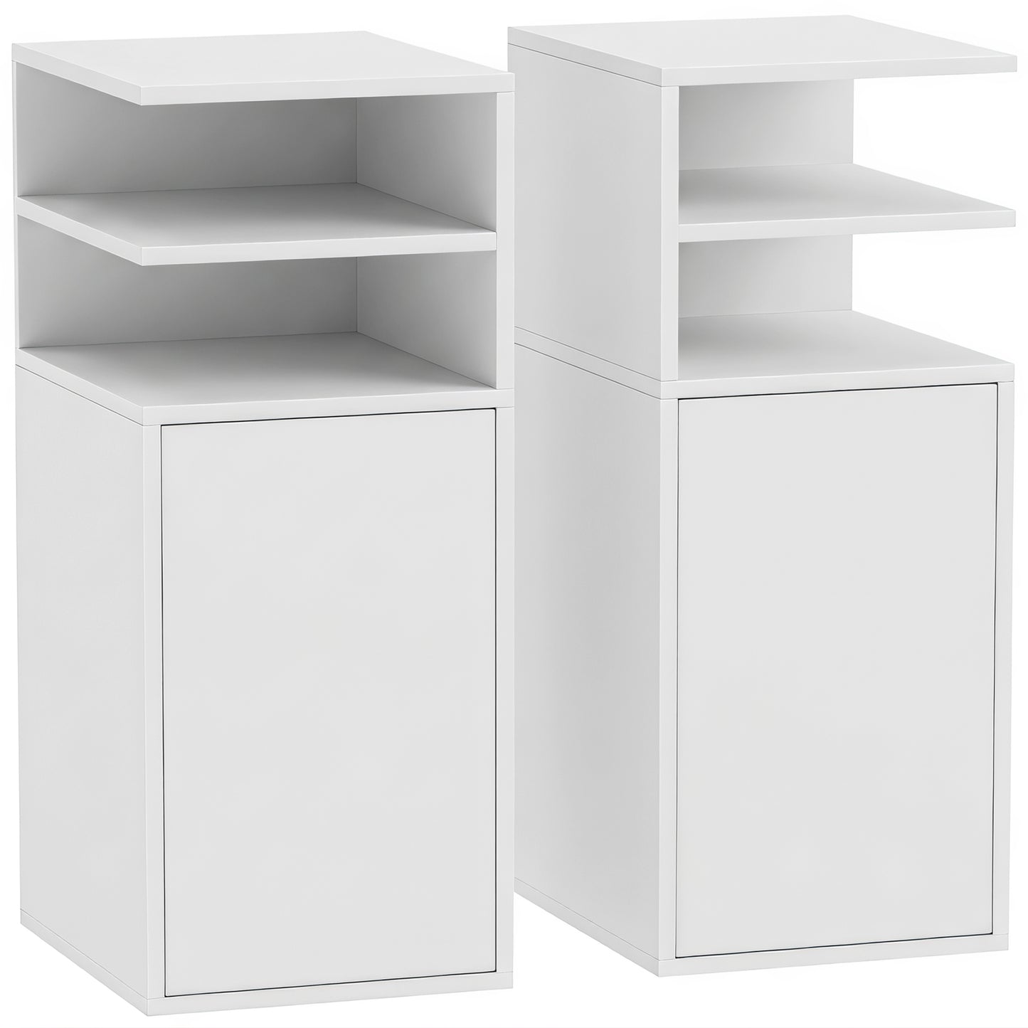 Slim Bedside Table Set of 2, Narrow Bedside Cabinet with Open Cubbies and Cupboard for Bedroom Living Room, White