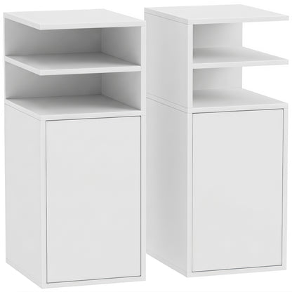 Slim Bedside Table Set of 2, Narrow Bedside Cabinet with Open Cubbies and Cupboard for Bedroom Living Room, White