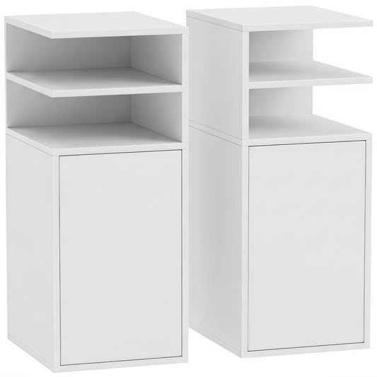 Slim Bedside Table Set of 2, Narrow Bedside Cabinet with Open Cubbies and Cupboard for Bedroom Living Room, White