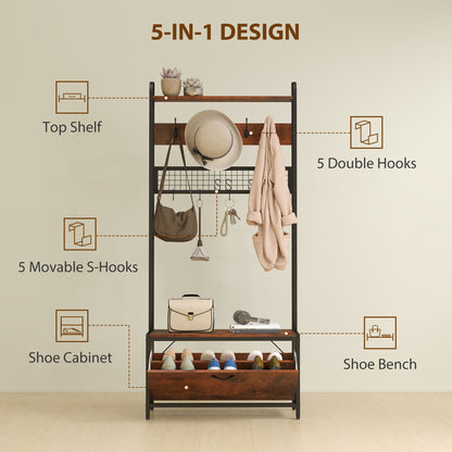 5-In-1 Industrial-Style Hallway Tree - Brown/Black