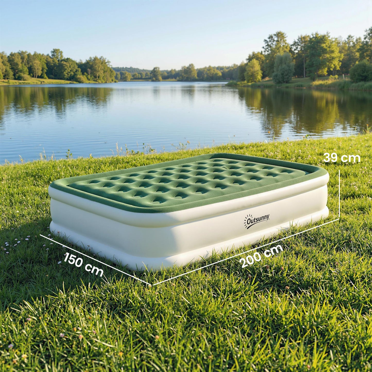 Inflatable Mattress, Double Air Bed with Built-in Electric Pump, 3 Mins Inflation, Flocked Surface, Dark Green