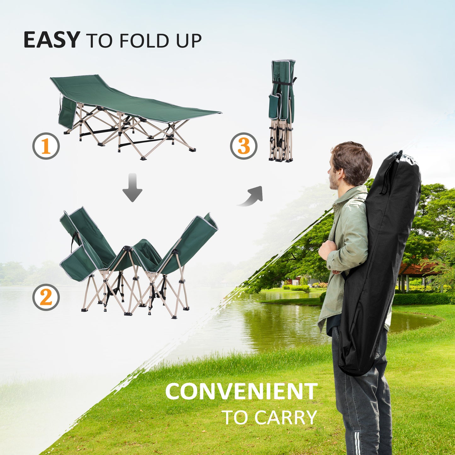 Single Person Camping Bed Folding Cot Outdoor Patio Portable Military Sleeping Bed Travel Guest Leisure Fishing with Side Poc