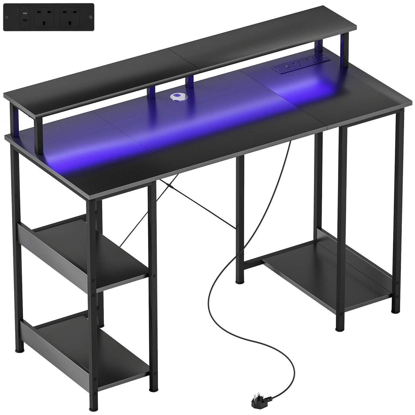 LED Computer Desk, with Power Outlets and Shelves - Carbon Fibre Grey