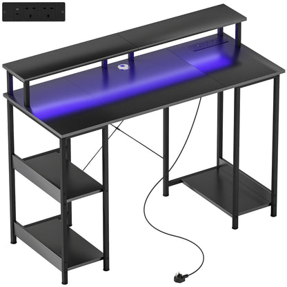 LED Computer Desk, with Power Outlets and Shelves - Carbon Fibre Grey