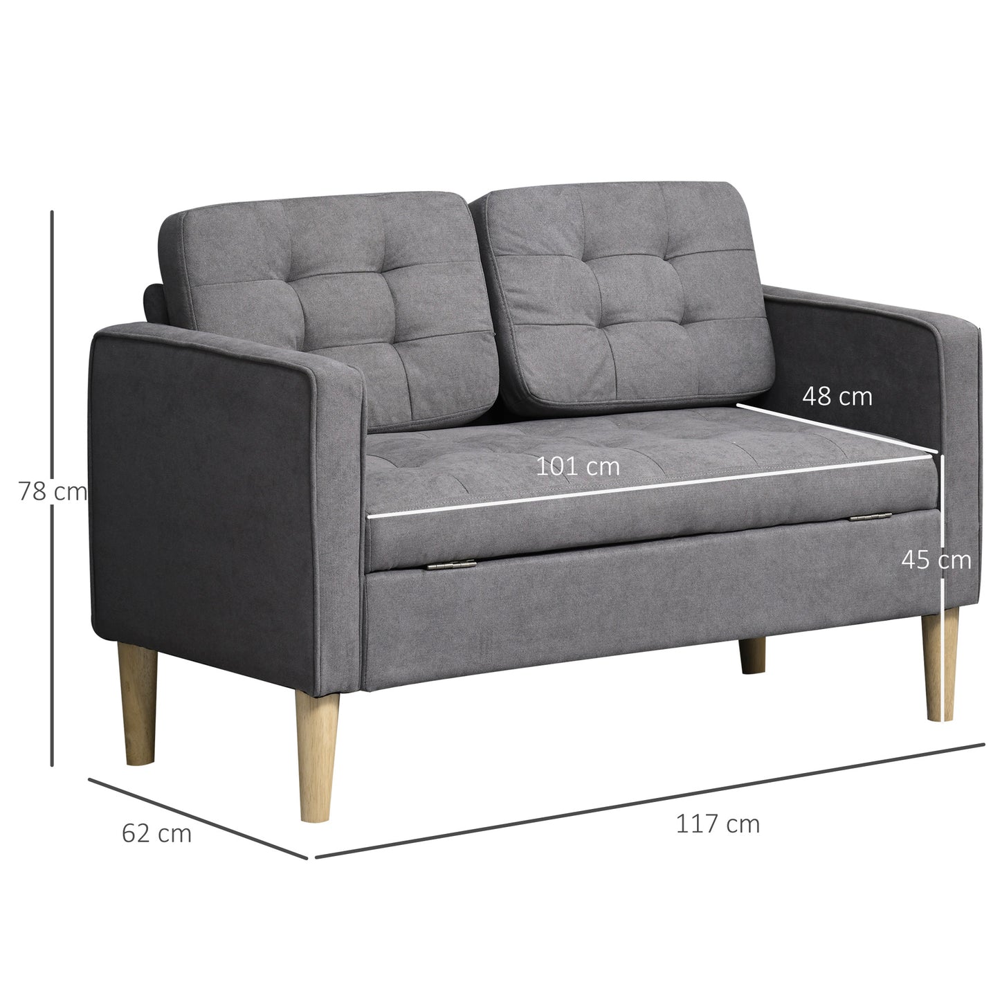 2 Seater Storage Sofa, Fabric Couch with Hidden Under Seat Storage, Thick Cushions