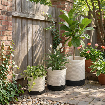 Plant Pots Handwoven Cotton Indoor Planters with Waterproof Liner Set of 3 White
