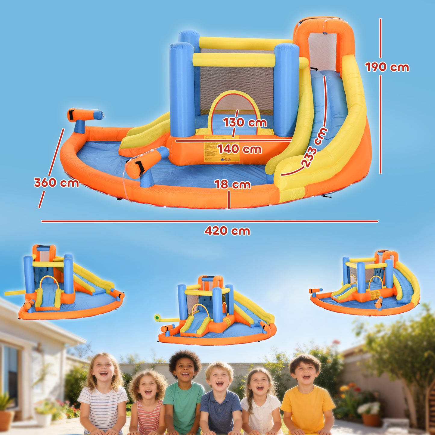 5 in 1 Bouncy Castle for Children, Inflatable Bounce House with Dual Slides, Pool, Climbing Wall, Water Cannons, Blower
