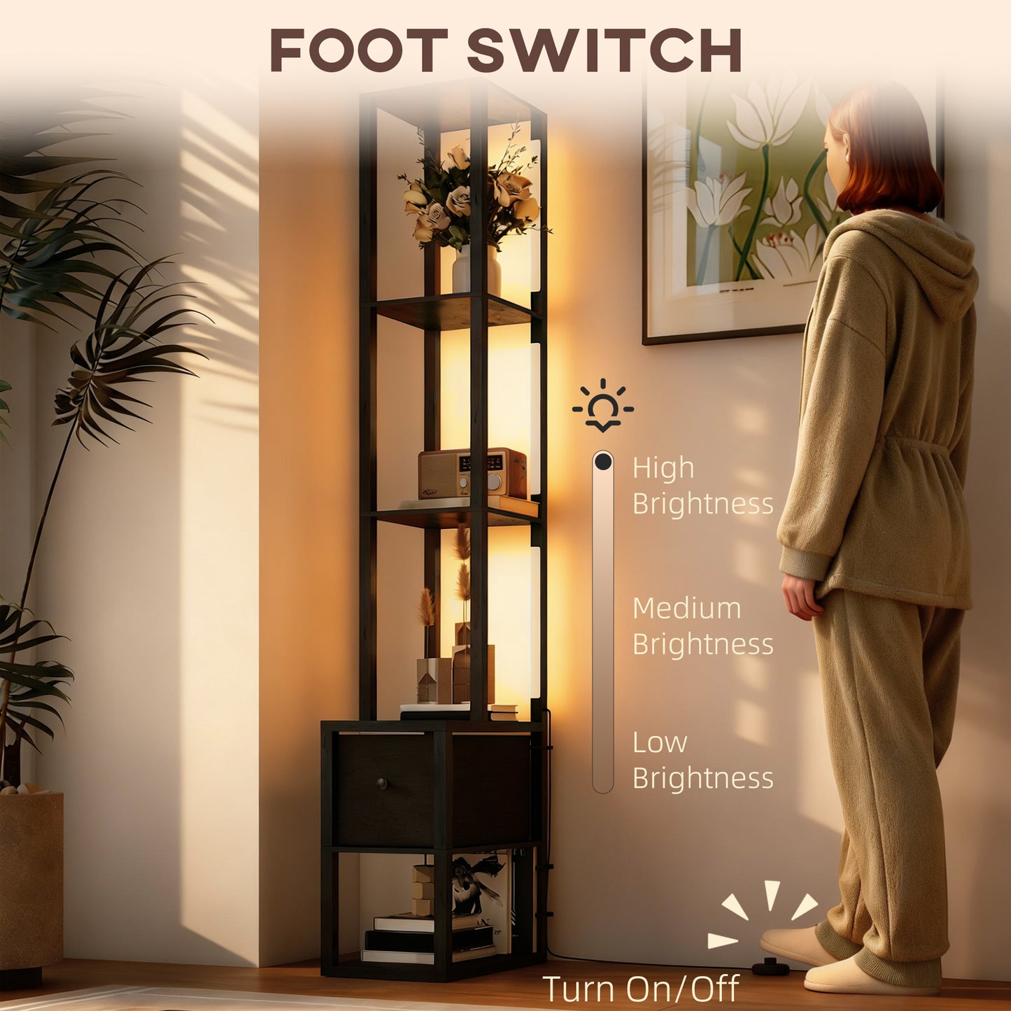 Floor Lamp with Shelves, LED Column Modern Standing Lamp with Fabric Drawer, Adjustable Brightness
