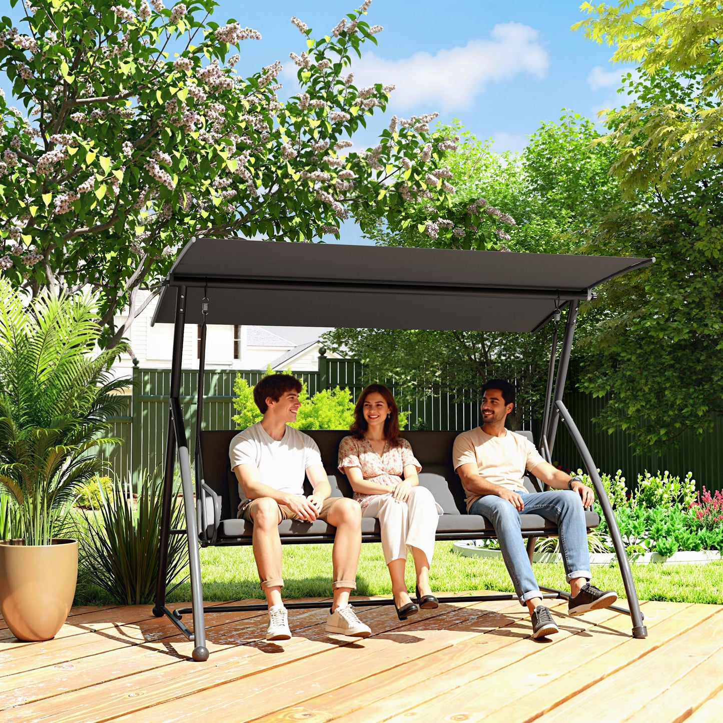 Outdoor 2-in-1 Swing Chair Lounger 3 Seater Garden Swing Seat Bed Convertible Tilt Canopy W/ Cushion, Dark Grey