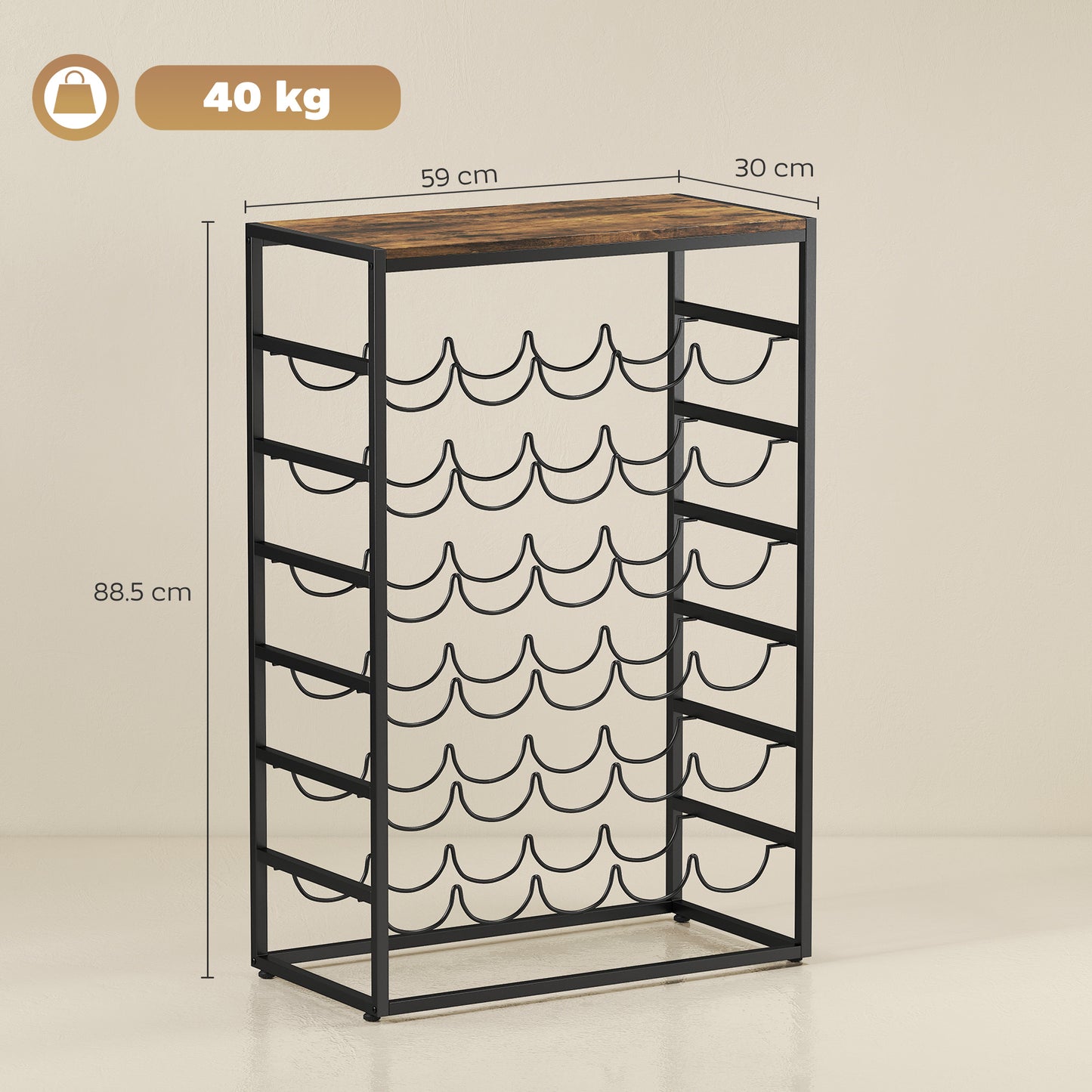 30 Bottles Wine Rack, 6 Tier Free Standing Wine Storage Holder with Wood Effect Tabletop, Rustic Brown