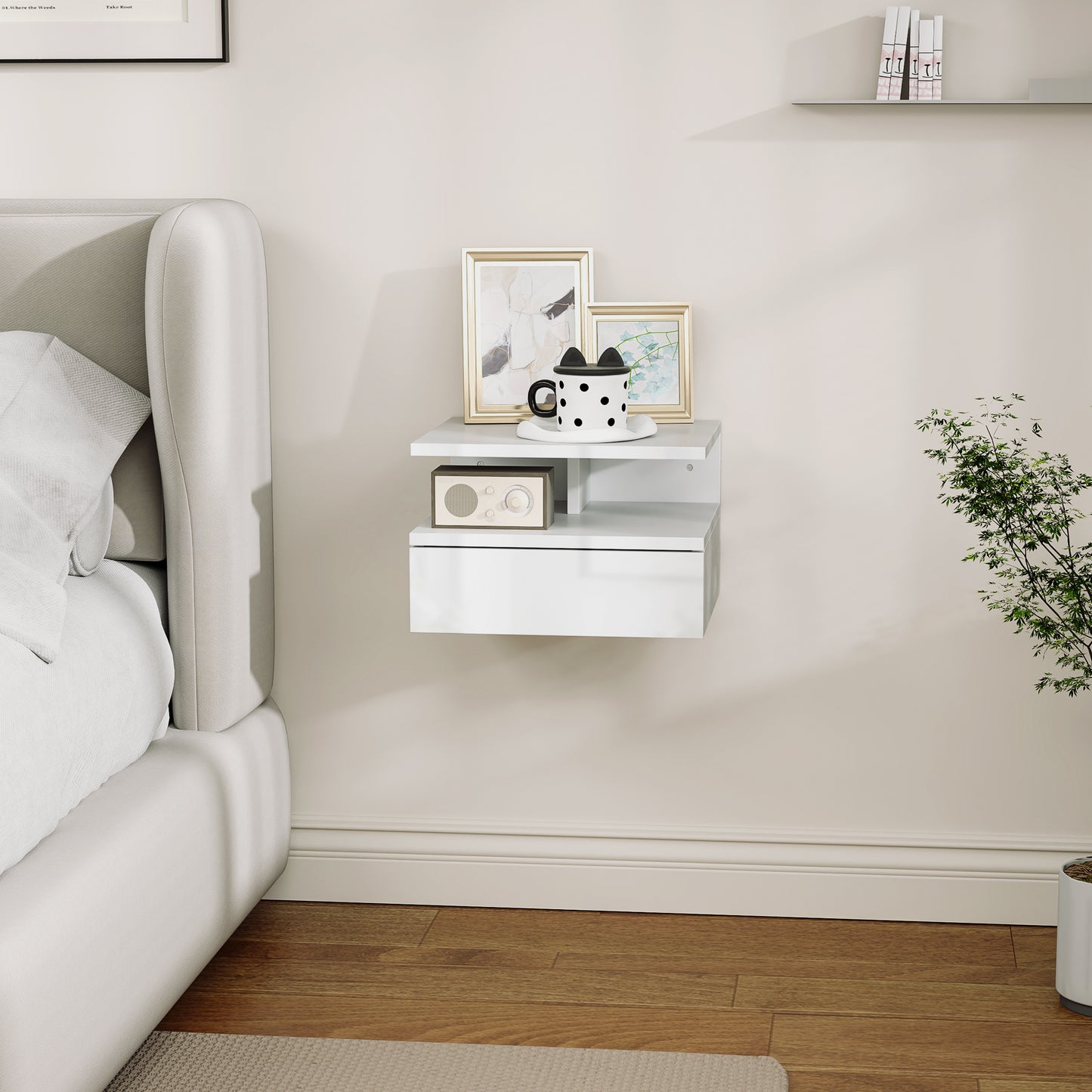 Floating High Gloss Bedside Table - High Gloss White