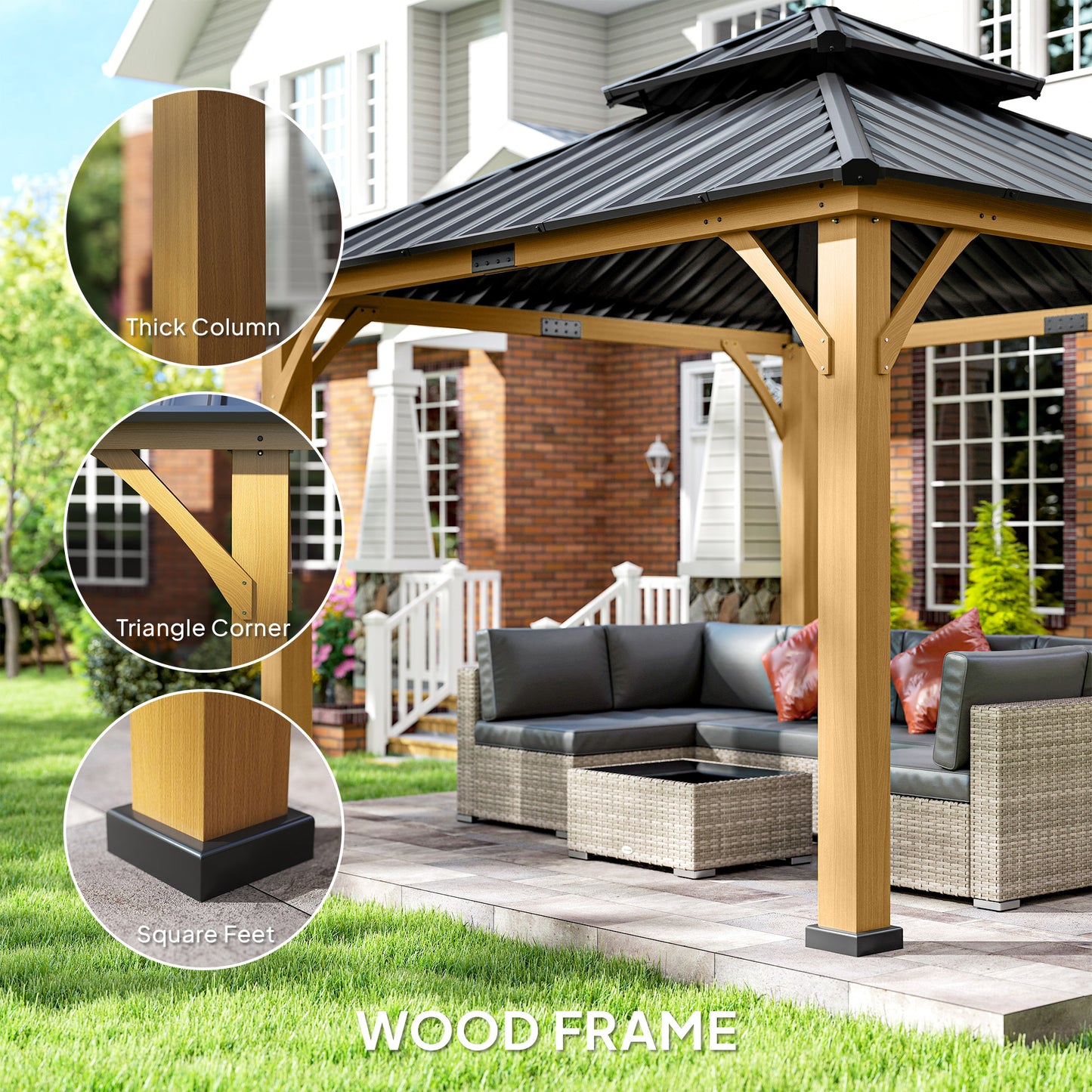3.5 x 3.5m Outdoor Hardtop Gazebo Canopy with Two-tier Metal Roof and Solid Wood Frame Outdoor Patio Shelter for Patio