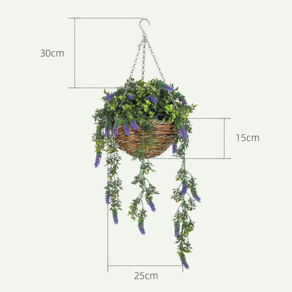 Set of 2 Decorative Artificial Plants, Faux Silk Lavender Flowers in Hanging Baskets