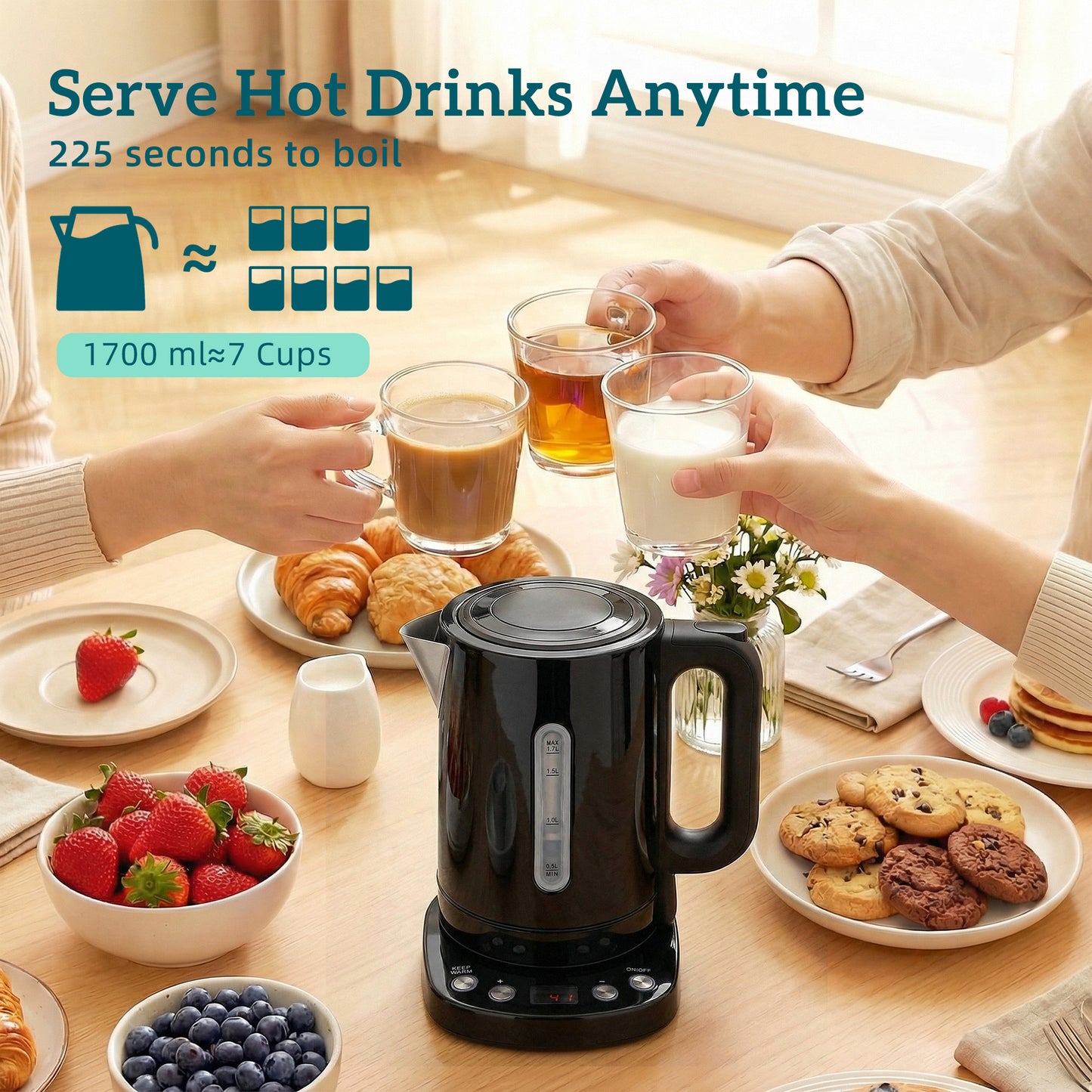 Electric Kettle, 1.7L, Fast Boil, 3kW Water Kettle with UK Strix Thermostat, Keep Warm Function, LCD Base, Black