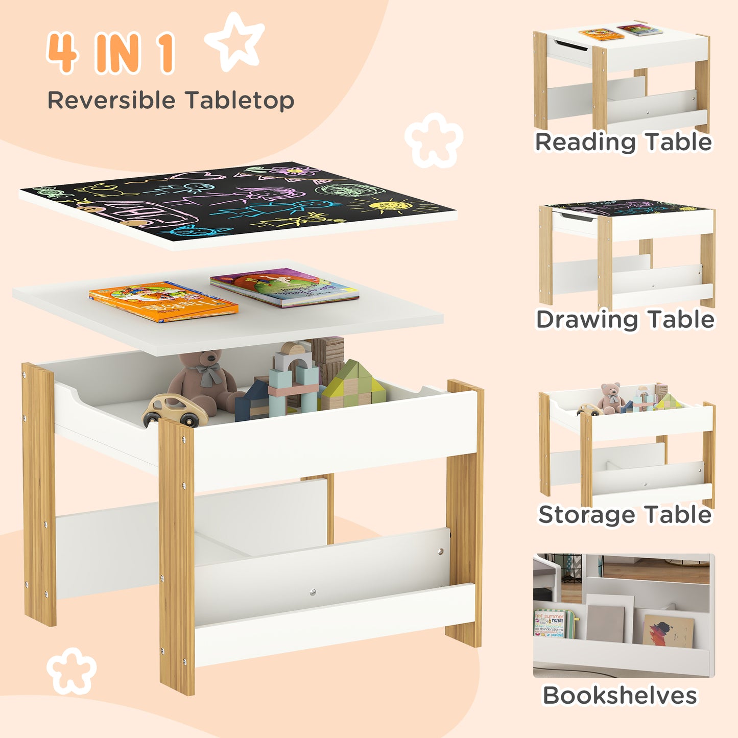 Three-Piece Kids Table and Chair Set with Blackboard, Storage, Bookshelves - Natural Wood