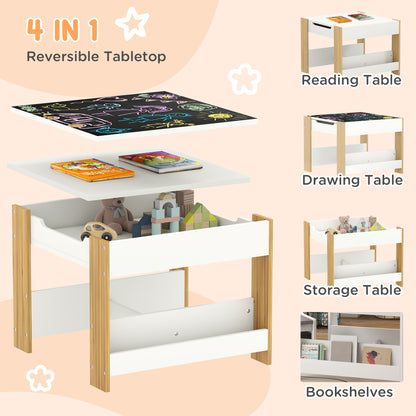 Three-Piece Kids Table and Chair Set with Blackboard, Storage, Bookshelves - Natural Wood