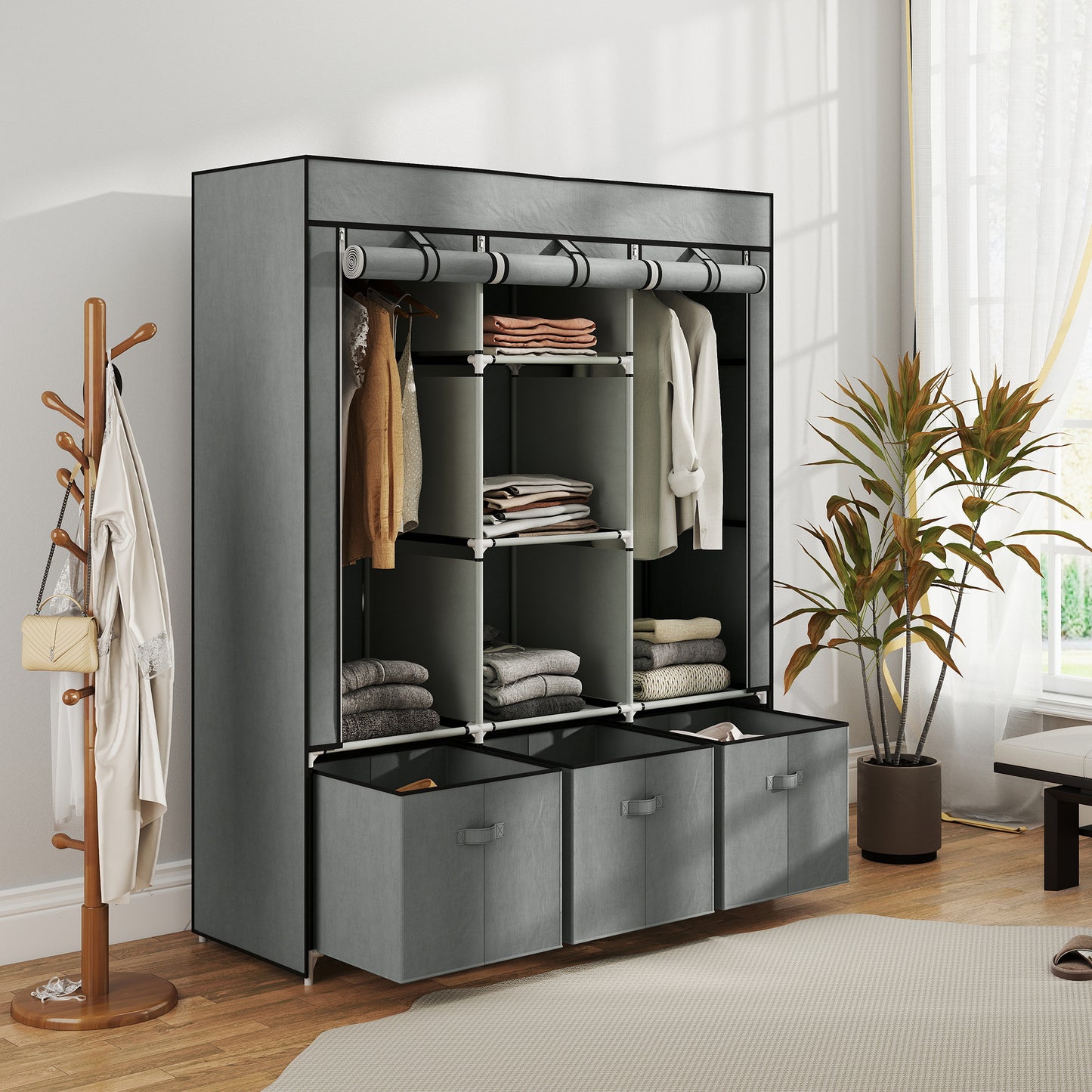 Foldable Fabric Wardrobe for Bedroom, Portable Wardrobe with 5 Shelves, 2 Hanging Rails and 3 Fabric Drawers, Light Grey