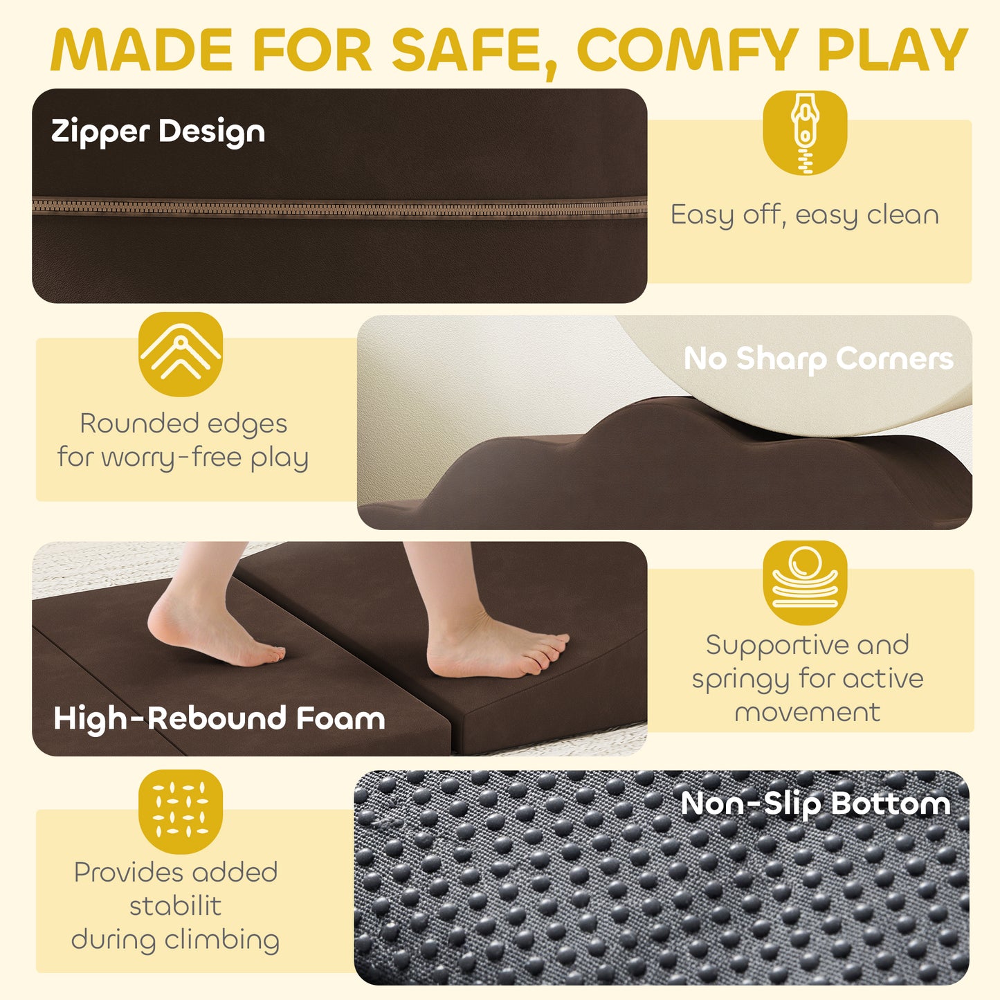 7 Piece Kids Soft Play Set with Detachable Cover, Baby Indoor Climb and Crawl Foam Toys for Toddlers, Brown