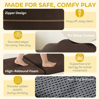 7 Piece Kids Soft Play Set with Detachable Cover, Baby Indoor Climb and Crawl Foam Toys for Toddlers, Brown