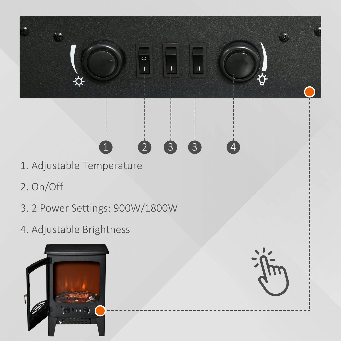 Electric Fireplace Stove, Free standing Fireplace Heater with Realistic LED Flame Effect and Adjustable Brightness