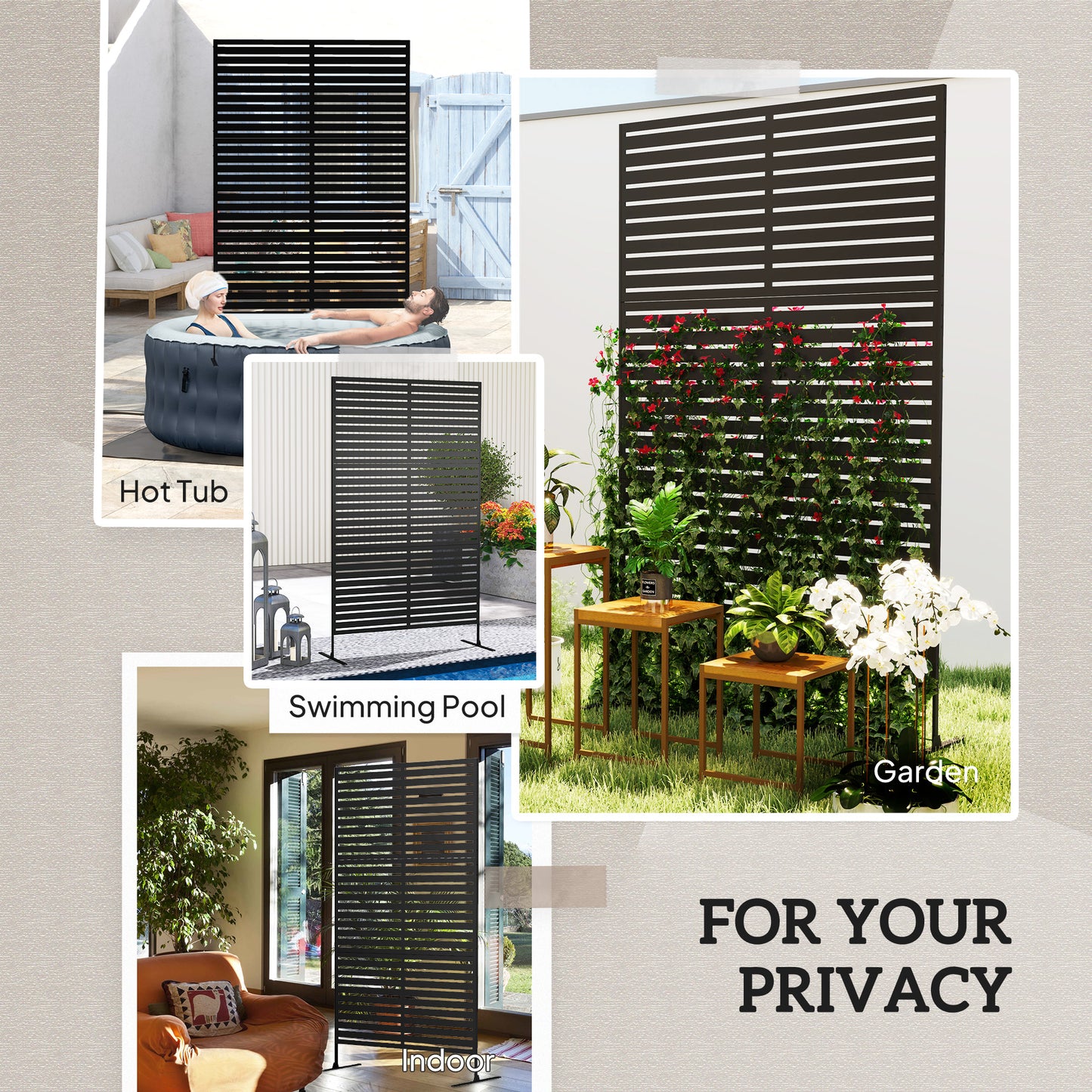 Decorative Privacy Fence Screen, Metal Outdoor Privacy Screen Climbing Plant Trellis with Stand, 122 x 198 cm, Black