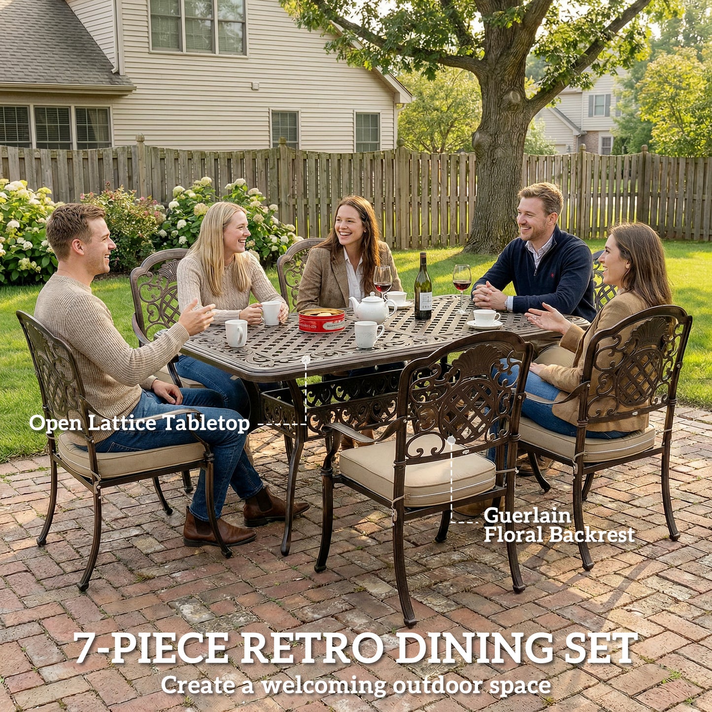 Garden Dining Set for 6, Cast Aluminium Outdoor Table and Chairs Set with Cushions, Parasol Hole for Patio, Bronze Tone