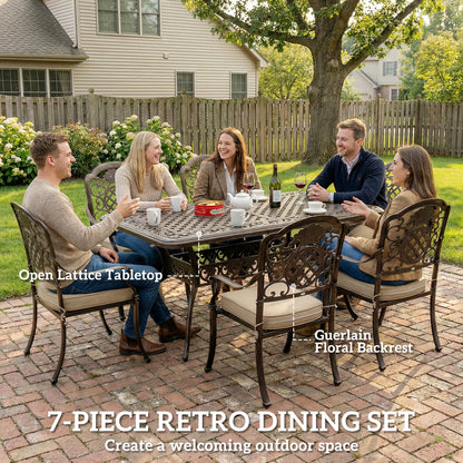 Garden Dining Set for 6, Cast Aluminium Outdoor Table and Chairs Set with Cushions, Parasol Hole for Patio, Bronze Tone