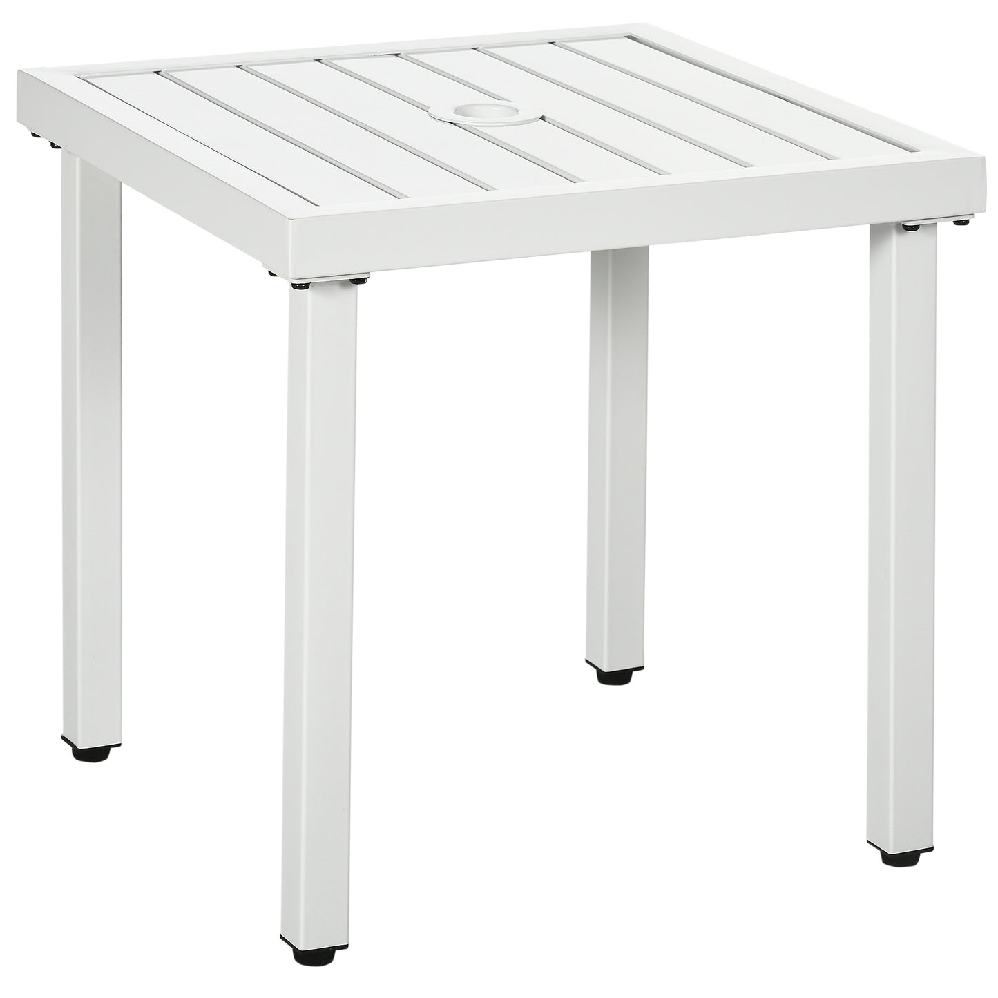 Garden Side Table End Table Patio Coffee Table with Umbrella Hole, Steel Frame for Balcony, White