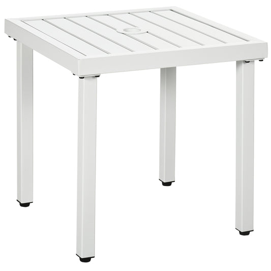 Garden Side Table End Table Patio Coffee Table with Umbrella Hole, Steel Frame for Balcony, White