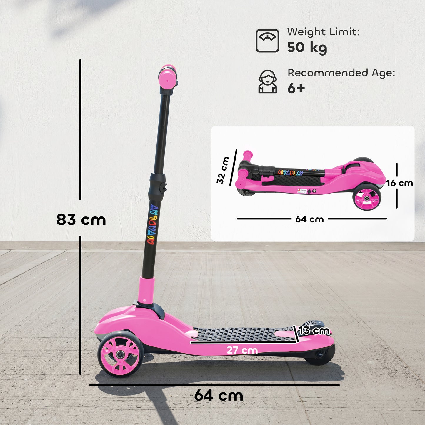 Three-Wheel Foldable Electric Scooter for Kids Aged 6-10 Years, Pink