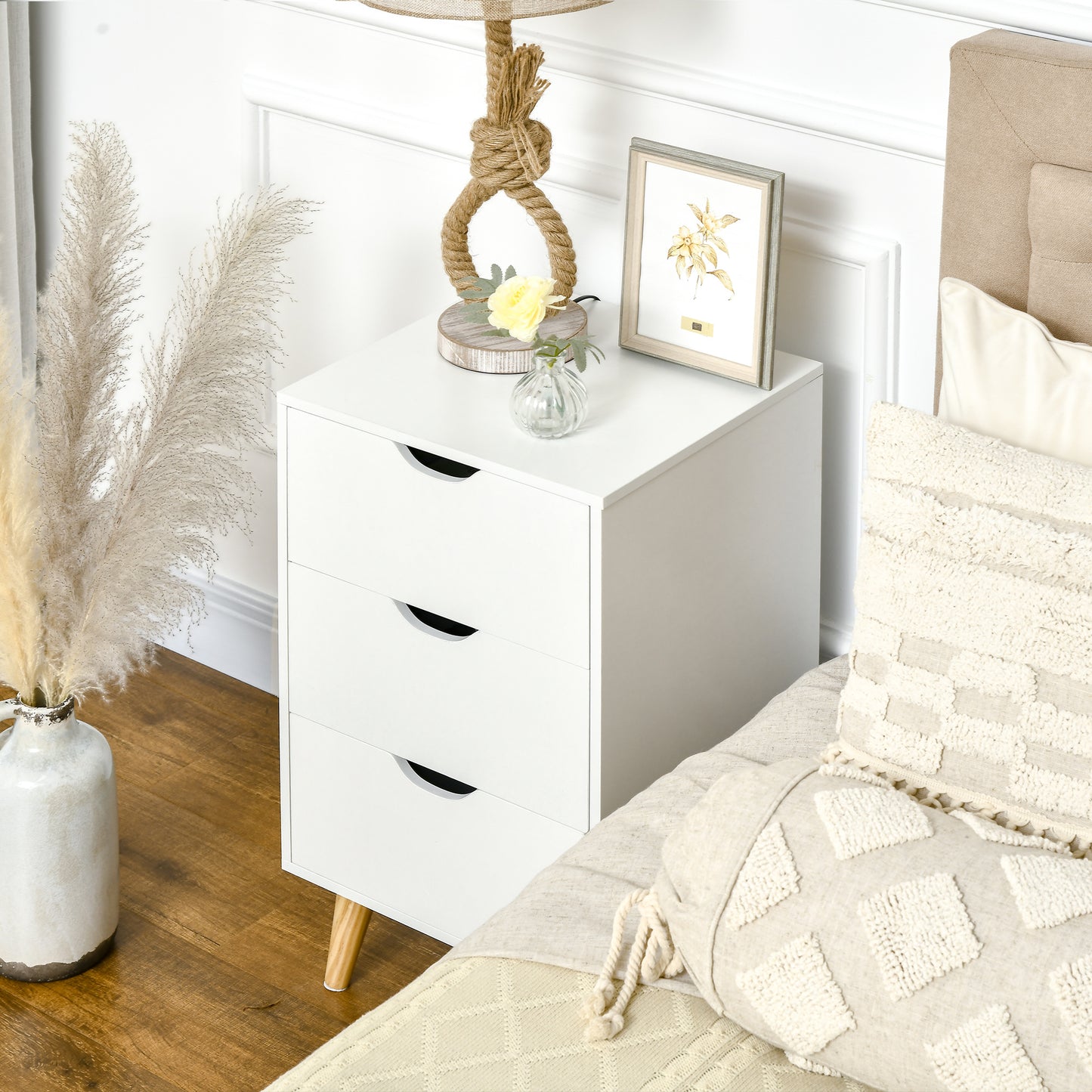 Bedside Table, Bedside Cabinet with 3 Drawers, Side End Table with Pine Wood Legs for Bedroom Living Room, White