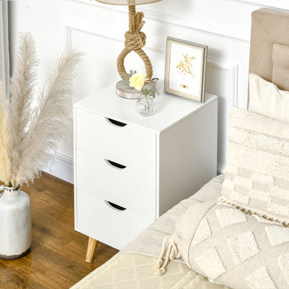 Bedside Table, Bedside Cabinet with 3 Drawers, Side End Table with Pine Wood Legs for Bedroom Living Room, White