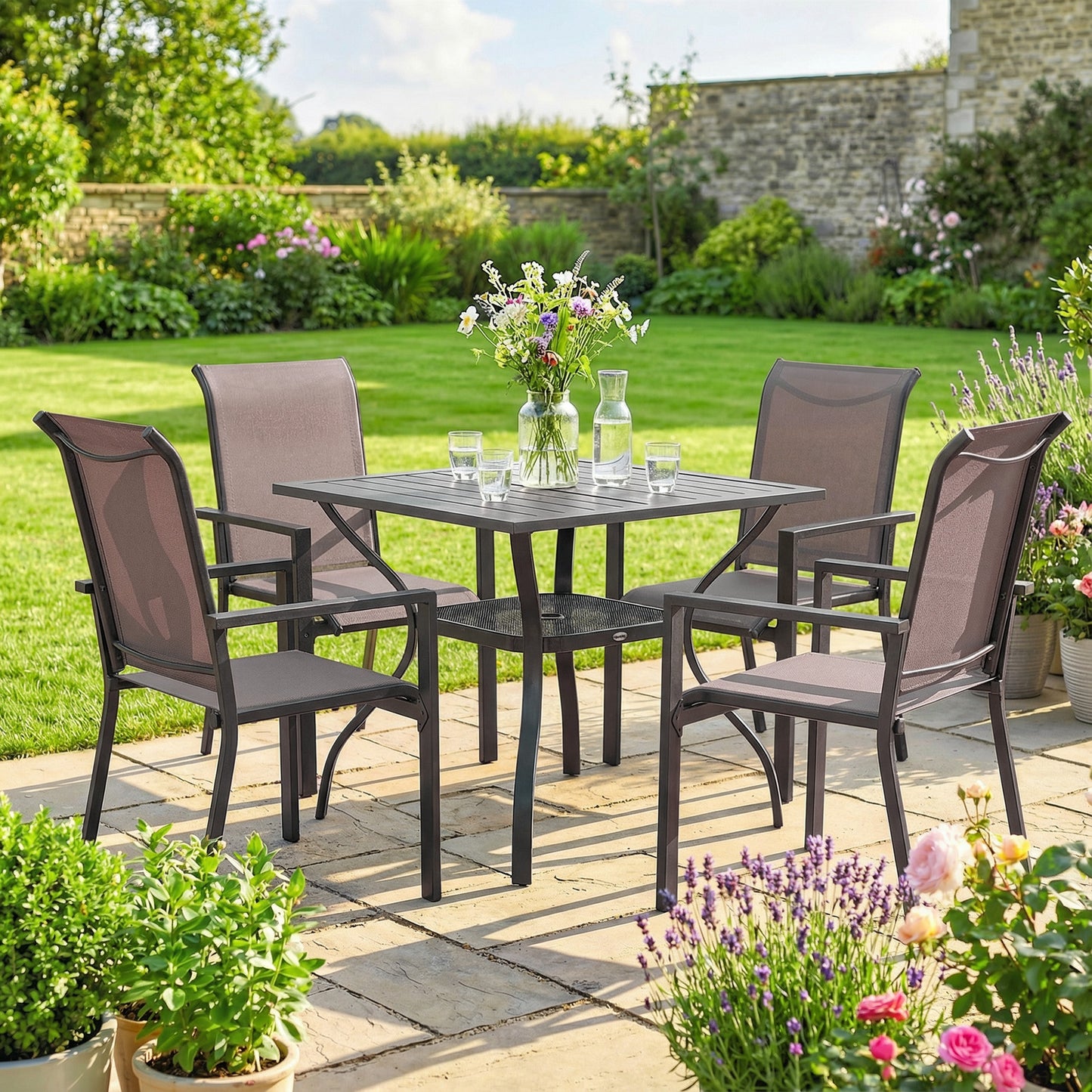 5 Pieces Outdoor Dining Set for 4, Garden Table and Stackable Chairs with Breathable Mesh Seat, Grey and Khaki