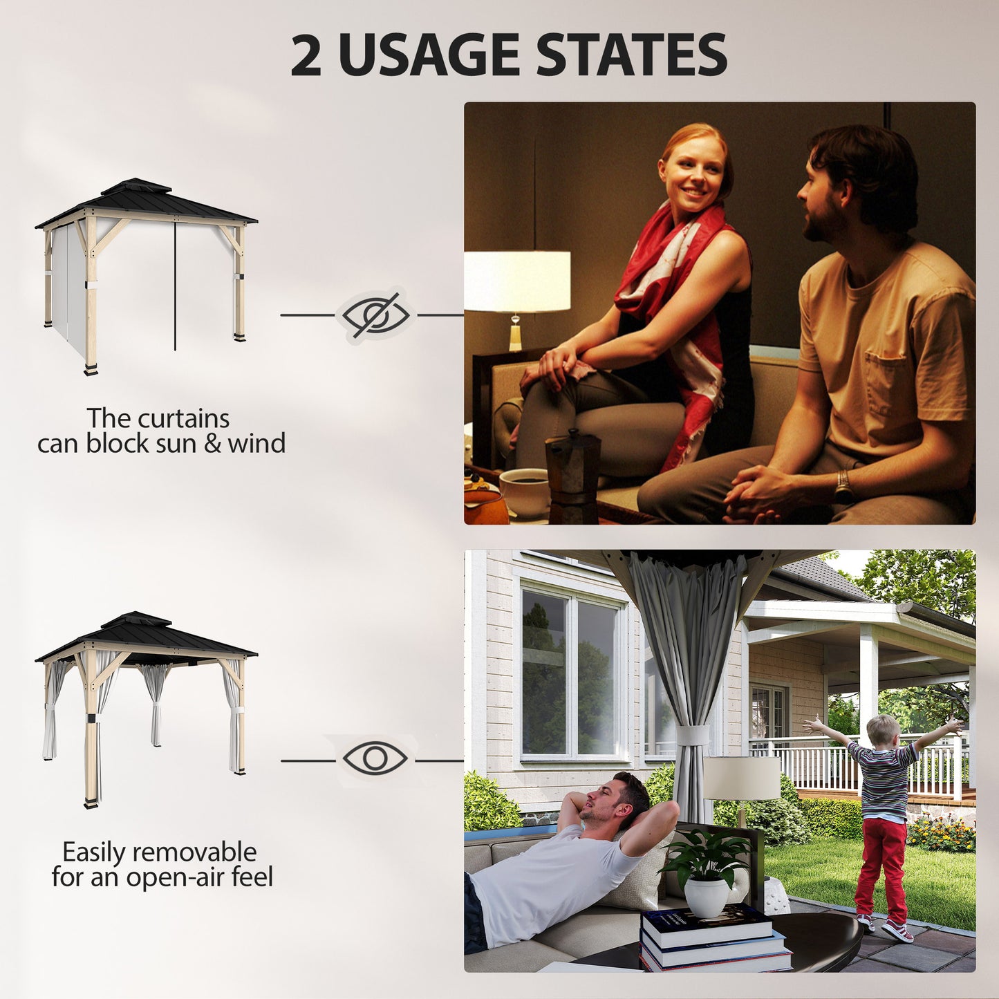 3 x 3 m Outdoor Hardtop Gazebo Canopy with 2-Tier Steel Roof, Wood Garden Gazebo with Curtains, Light Grey