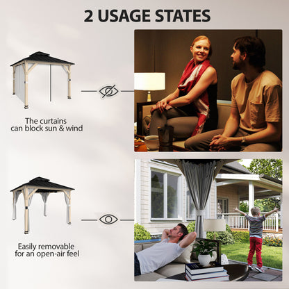 3 x 3 m Outdoor Hardtop Gazebo Canopy with 2-Tier Steel Roof, Wood Garden Gazebo with Curtains, Light Grey