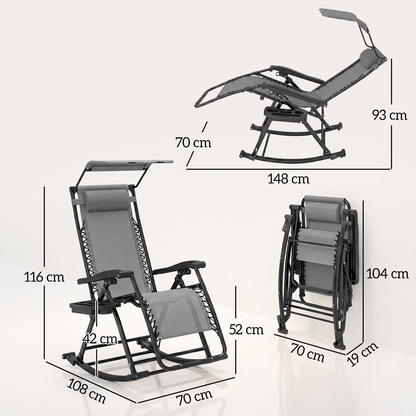 Garden Rocking Chair Folding Recliner Outdoor Adjustable Sun Lounger Rocker Zero-Gravity Seat with Headrest Side Holder Patio