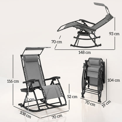 Garden Rocking Chair Folding Recliner Outdoor Adjustable Sun Lounger Rocker Zero-Gravity Seat with Headrest Side Holder Patio