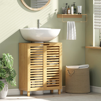 Under Sink Bathroom Cabinet, Freestanding Bamboo Under Sink Cabinet with Louvered Doors and Adjustable Shelf, Natural
