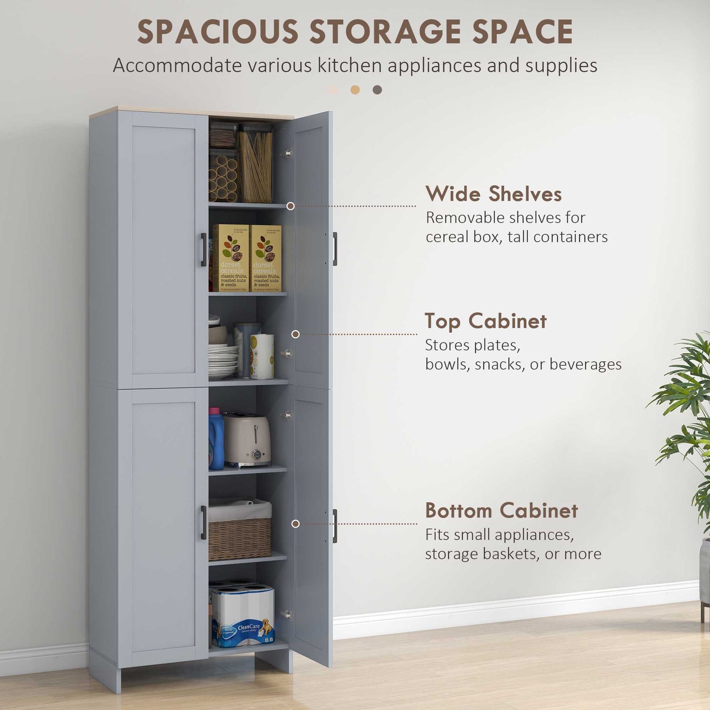 Freestanding Kitchen Cupboard, 4-Door Storage Cabinet with Adjustable Shelves, Modern Kitchen Pantry for Dining Room, 170cm