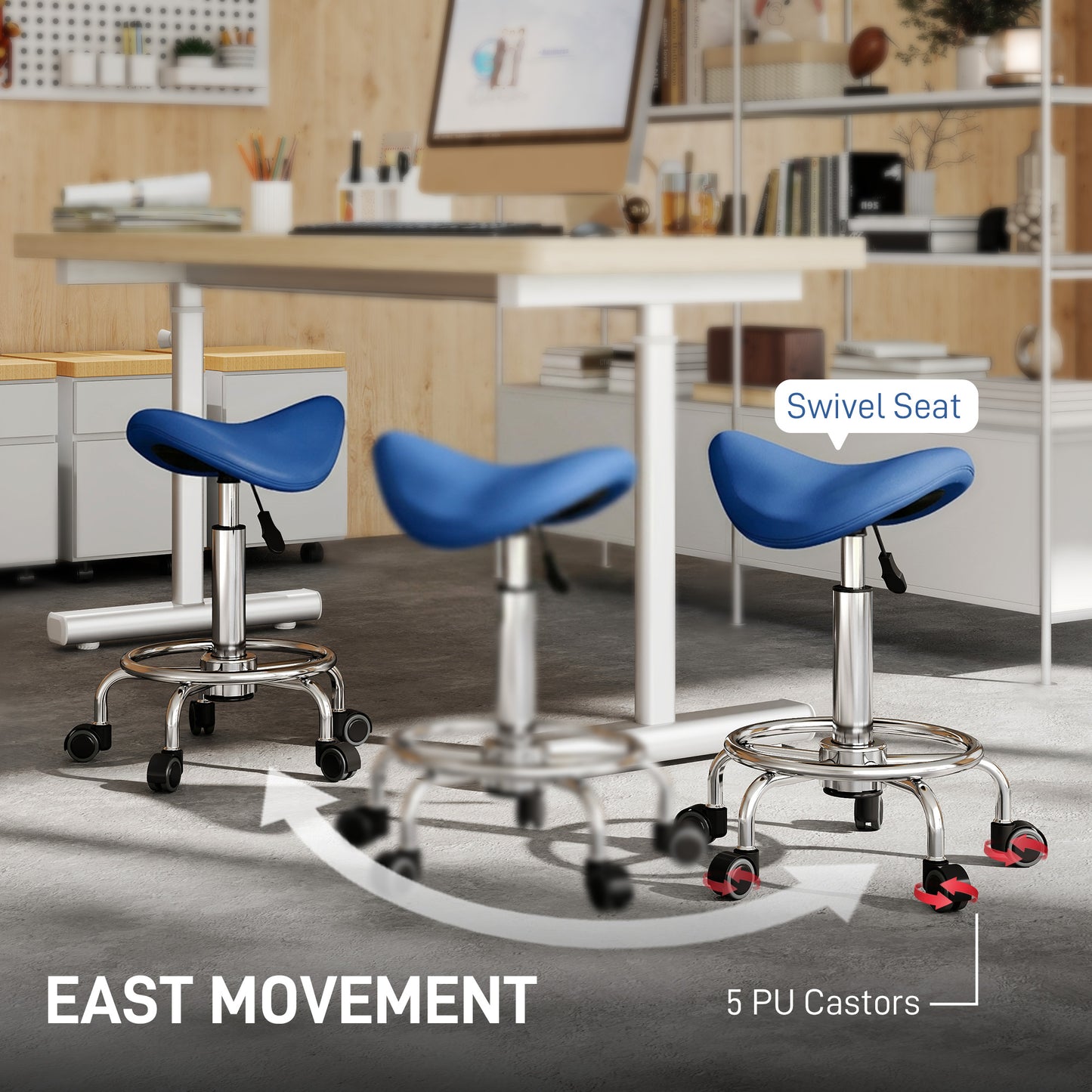 Salon Saddle Stool, Rolling Saddle Chair for Massage, Spa, Clinic, Beauty, Hairdressing and Tattoo, Blue