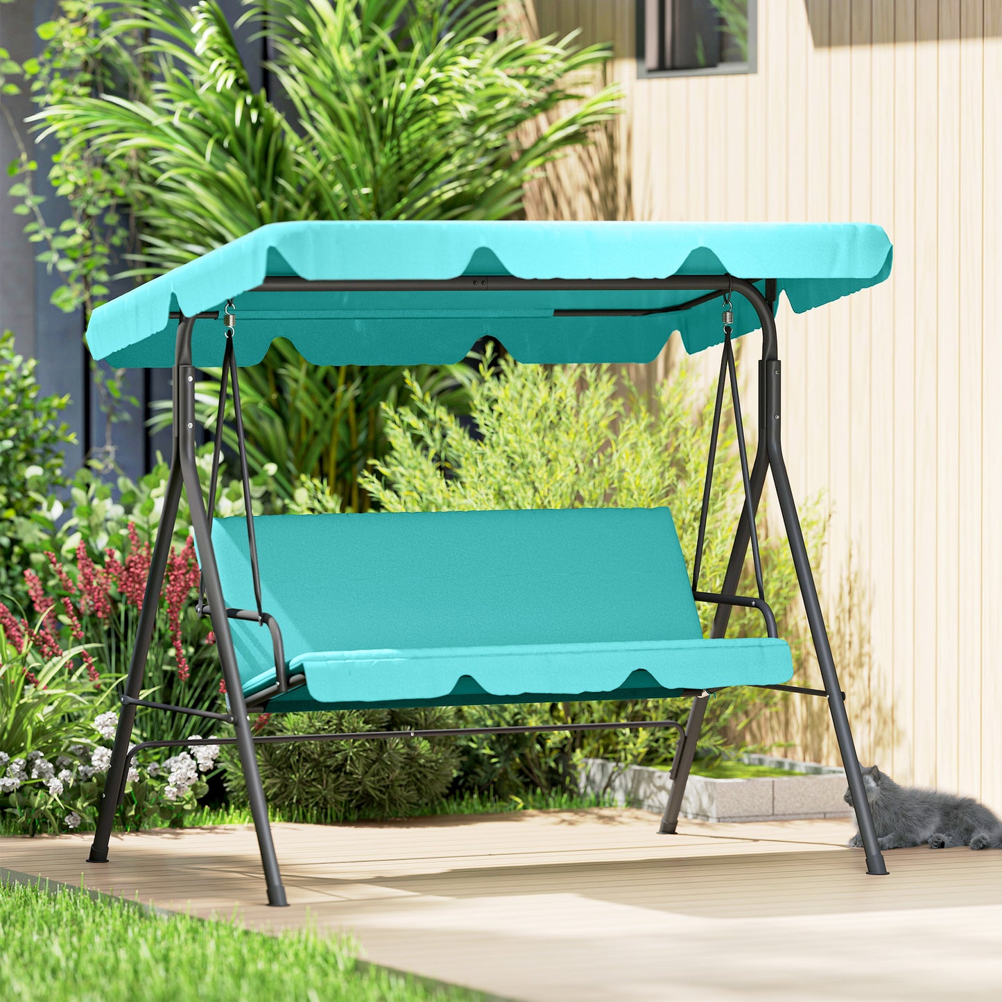 Three-Seater Garden Swing Chair, with Adjustable Canopy - Teal